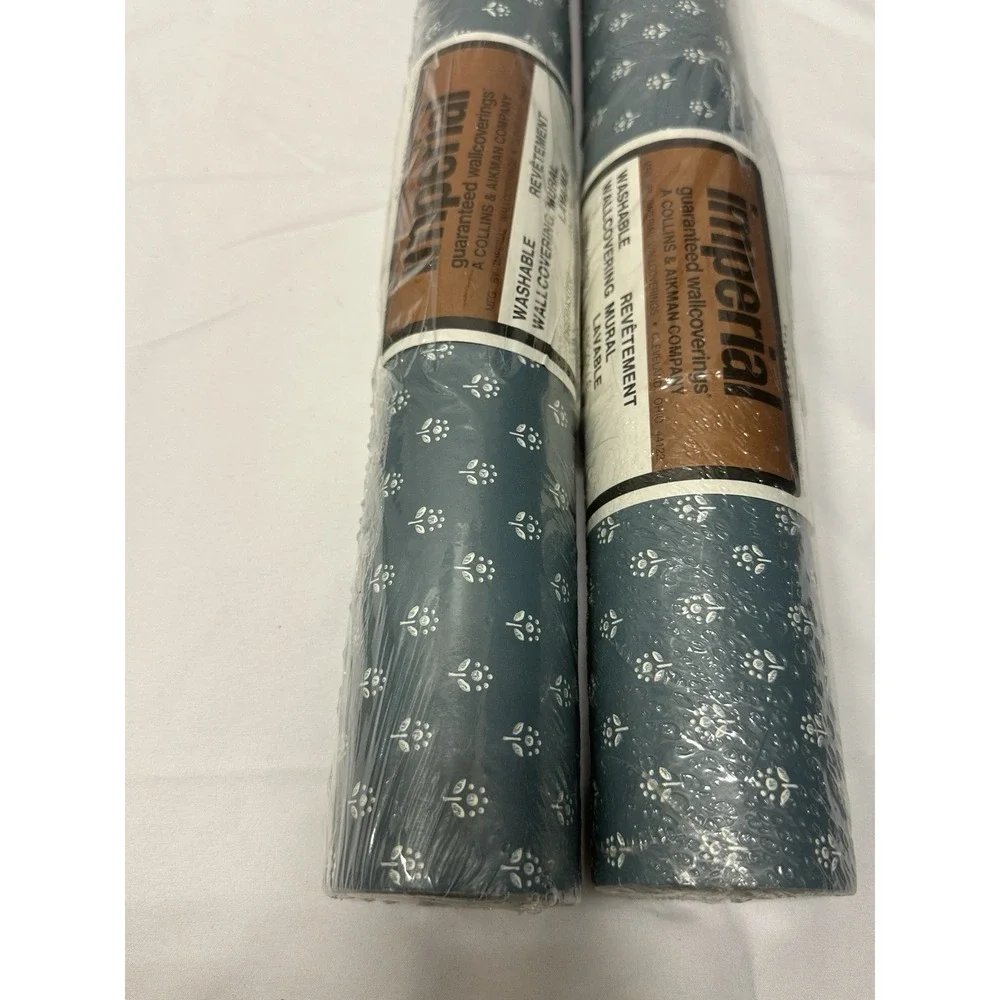 2‎ Rolls Of Vintage Imperial Washable Vinyl Wallcovering Blue & White Floral